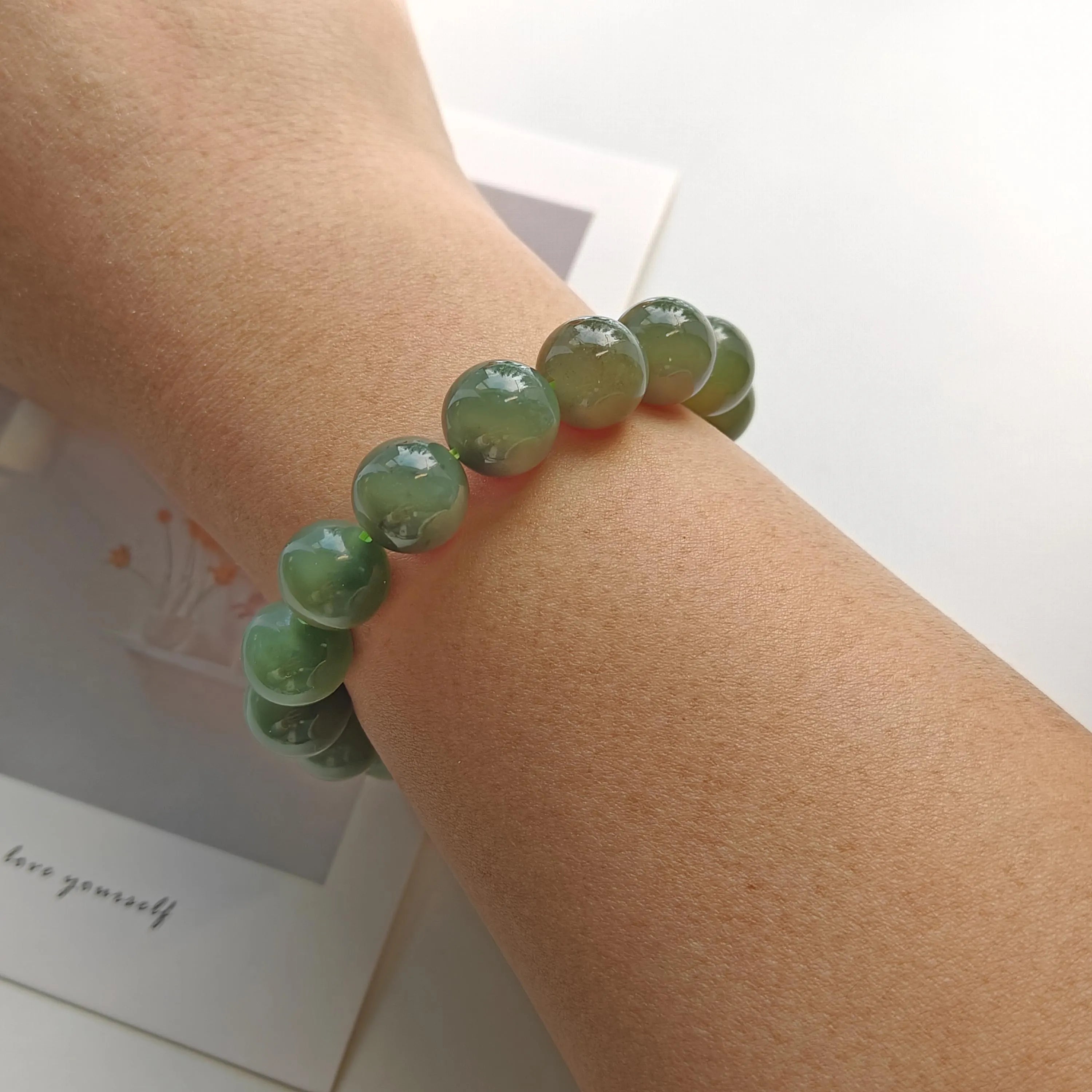 Green Jade Bracelet 12mm | Natural Jade Stretch Bracelet | Handmade Gemstone Jewelry | Good Luck Jade Bracelet Gift