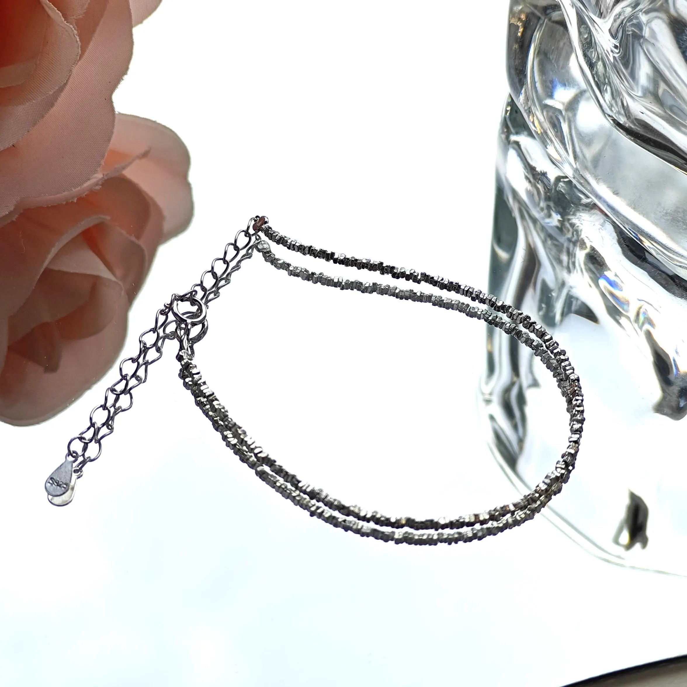 S925 Sterling Silver Bracelet & Necklace | Micro Beaded Silver Jewelry | Adjustable Sparkly Silver Set | Minimalist Jewelry Gift