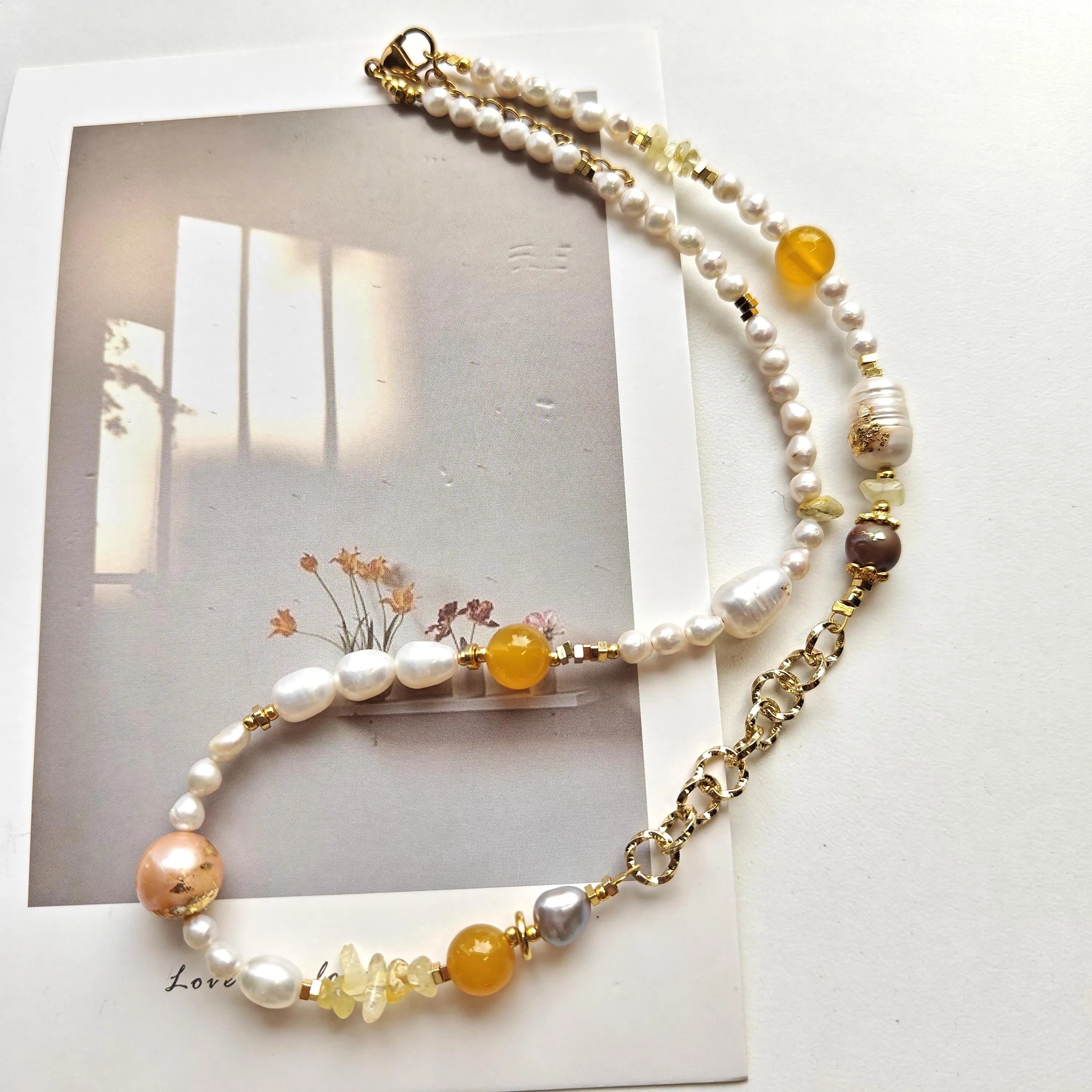 Freshwater Pearl Necklace | Multi-Color Pearl Beads | Gold Plated Brass Chain | Adjustable 45–50cm | Handmade Gemstone Jewelry