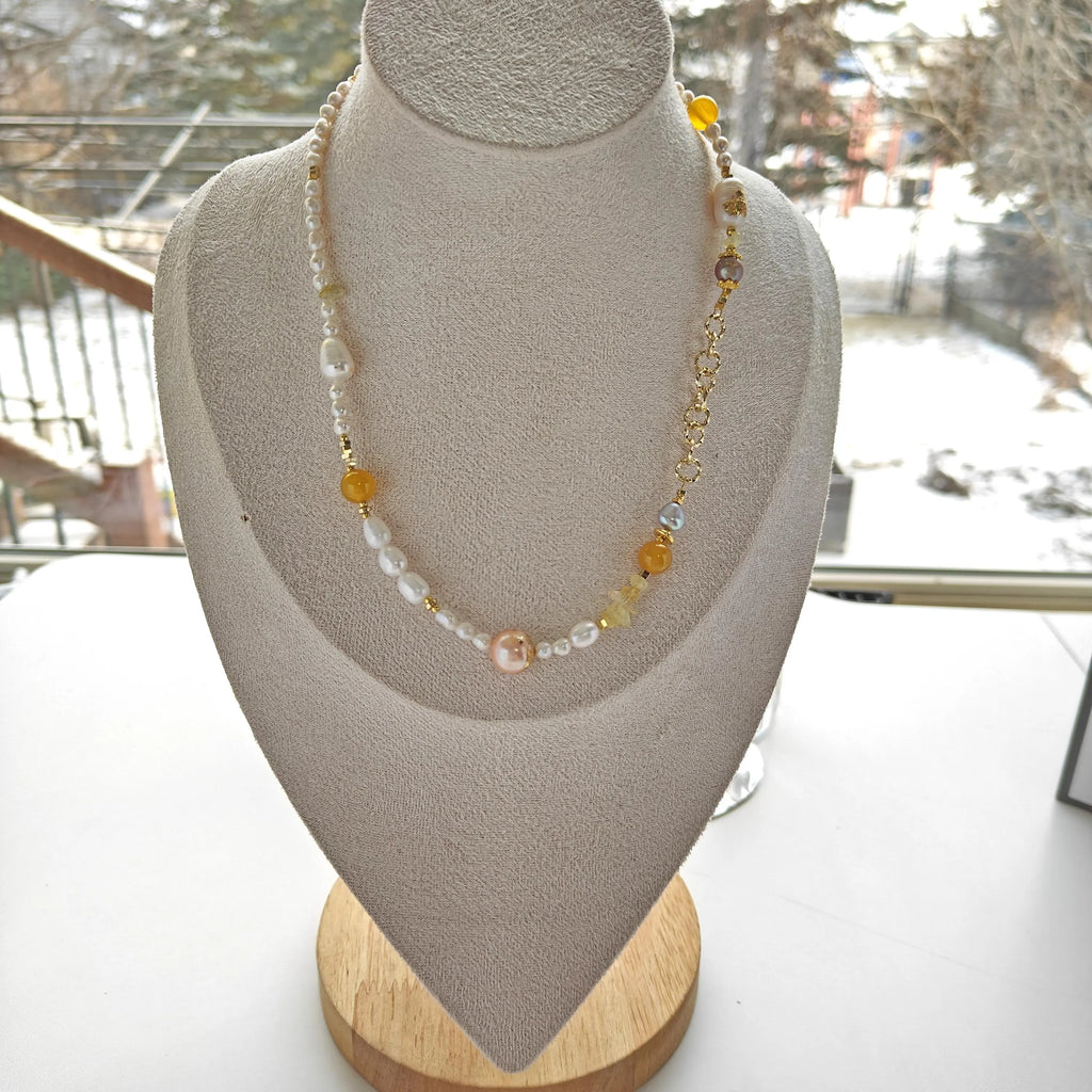 Freshwater Pearl Necklace | Multi-Color Pearl Beads | Gold Plated Brass Chain | Adjustable 45–50cm | Handmade Gemstone Jewelry