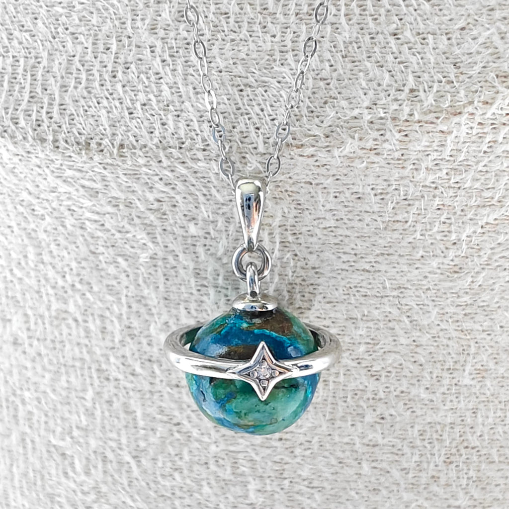 S925 Sterling Silver Planet Necklace | Azurite Stone Pendant | Celestial Silver Necklace | 45cm Chain | Handmade Crystal Jewelry