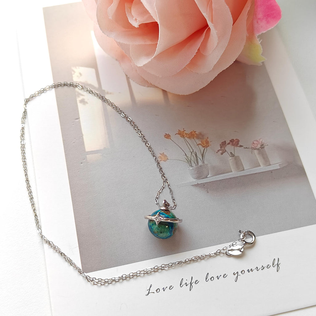 S925 Sterling Silver Planet Necklace | Azurite Stone Pendant | Celestial Silver Necklace | 45cm Chain | Handmade Crystal Jewelry