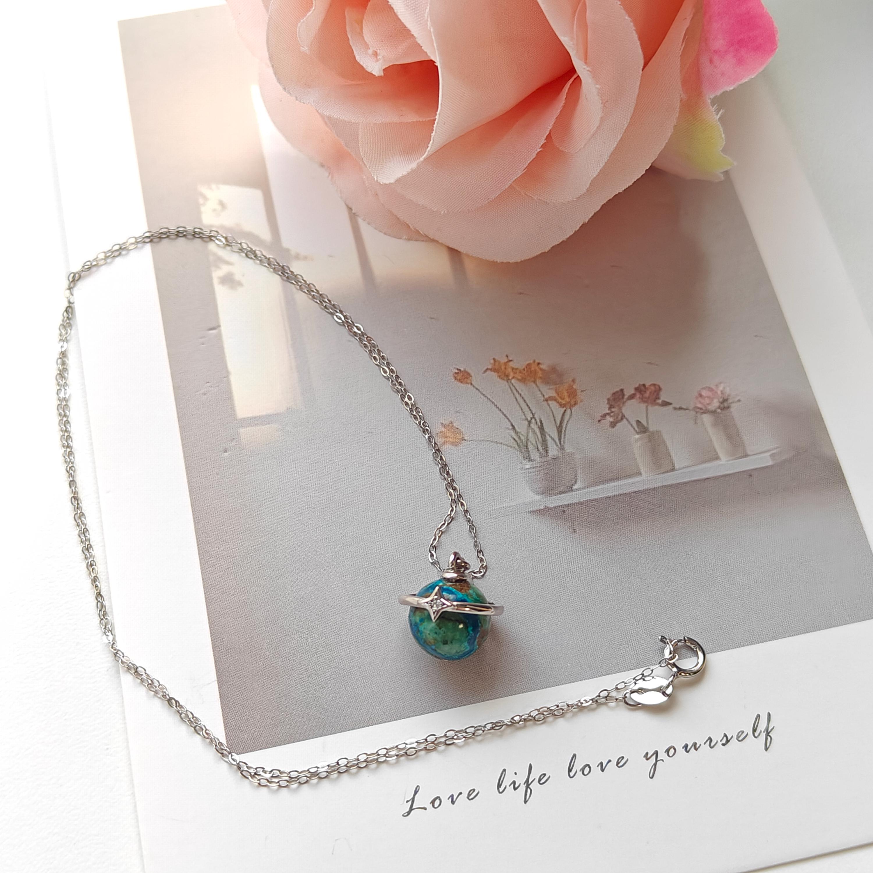 S925 Sterling Silver Planet Necklace | Azurite Stone Pendant | Celestial Silver Necklace | 45cm Chain | Handmade Crystal Jewelry
