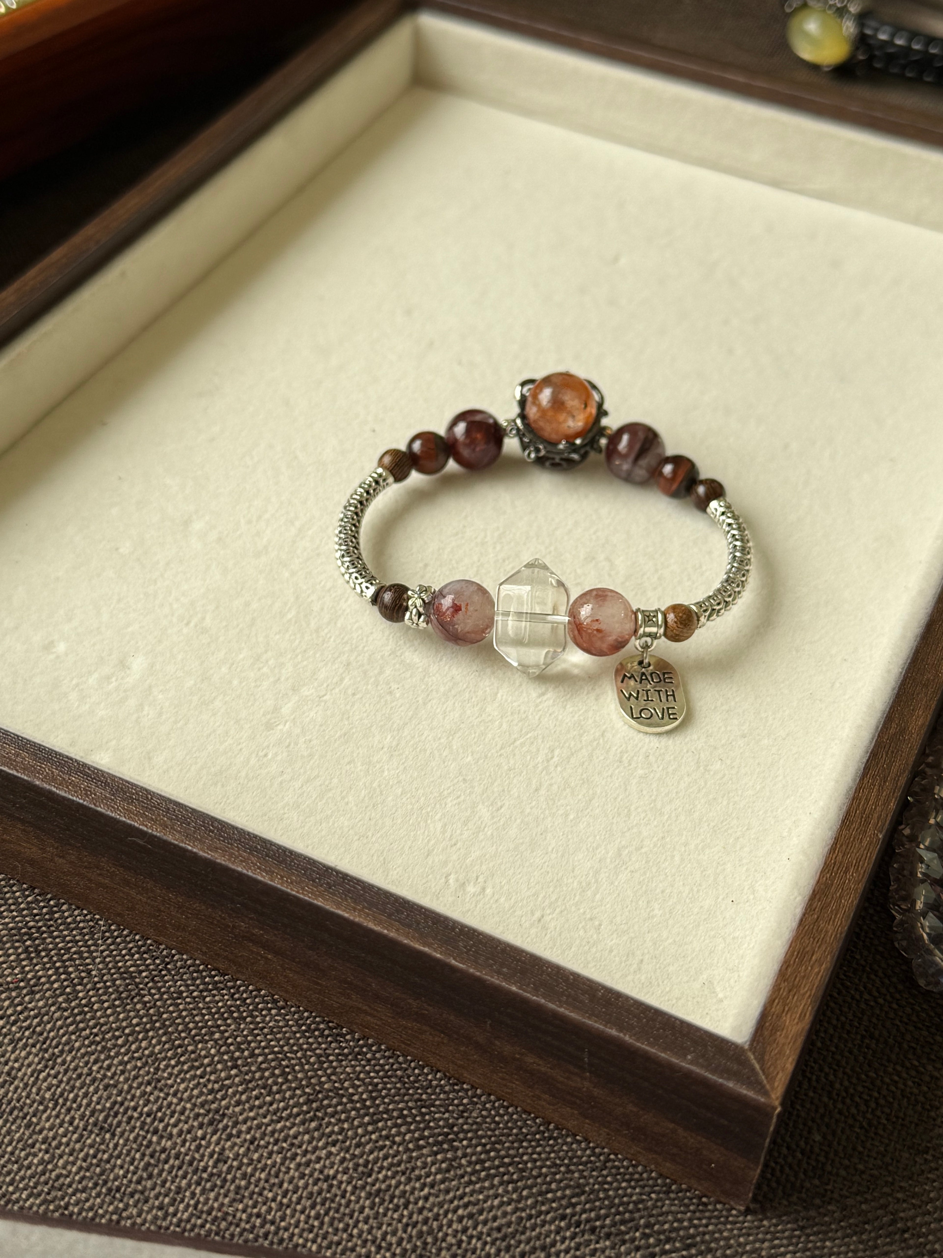 Fire Quartz & Sandalwood Stretchy Half-Bangle Bracelet