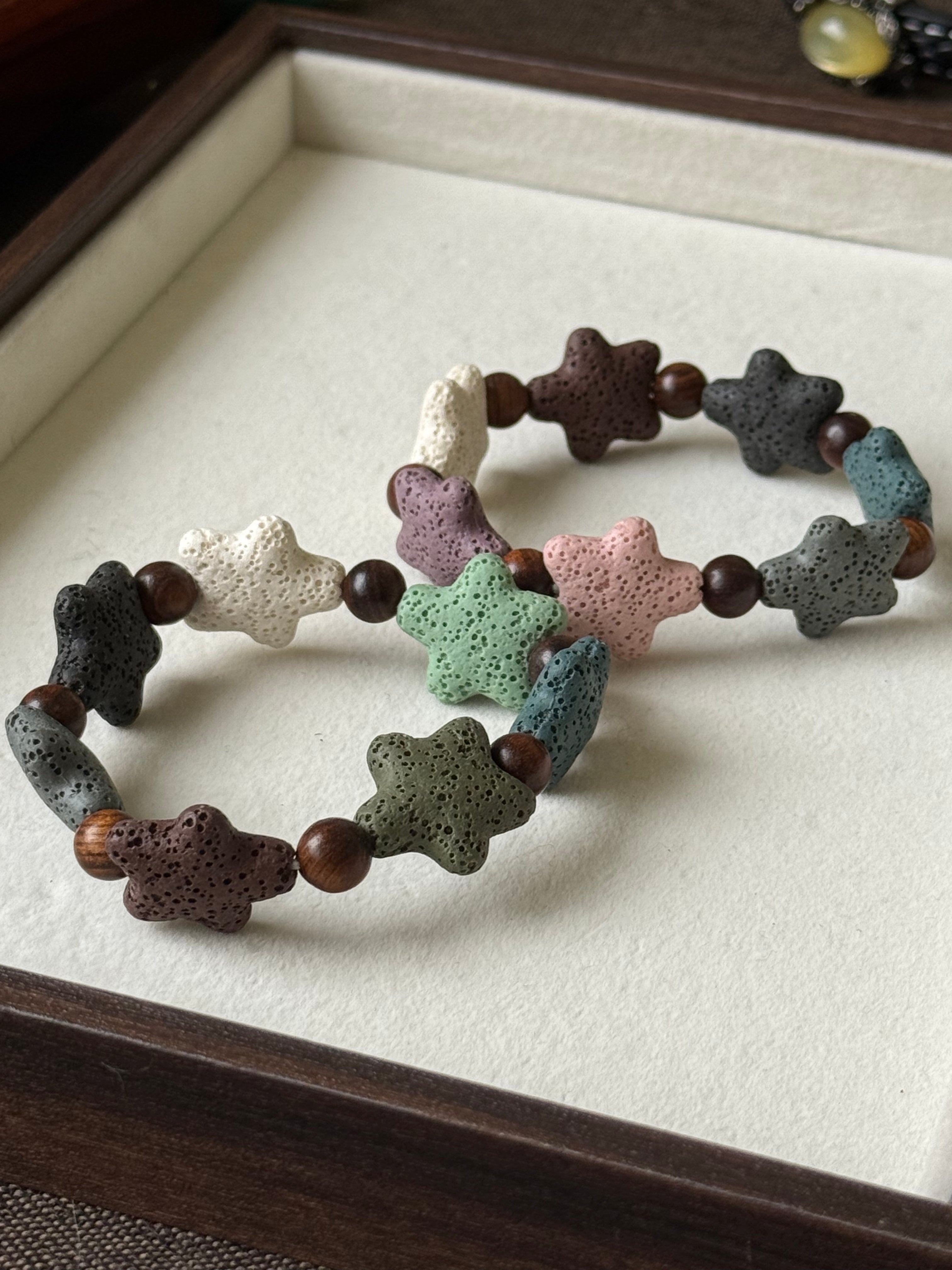 Sandalwood & Lava Stone Star Stretchy Bracelet