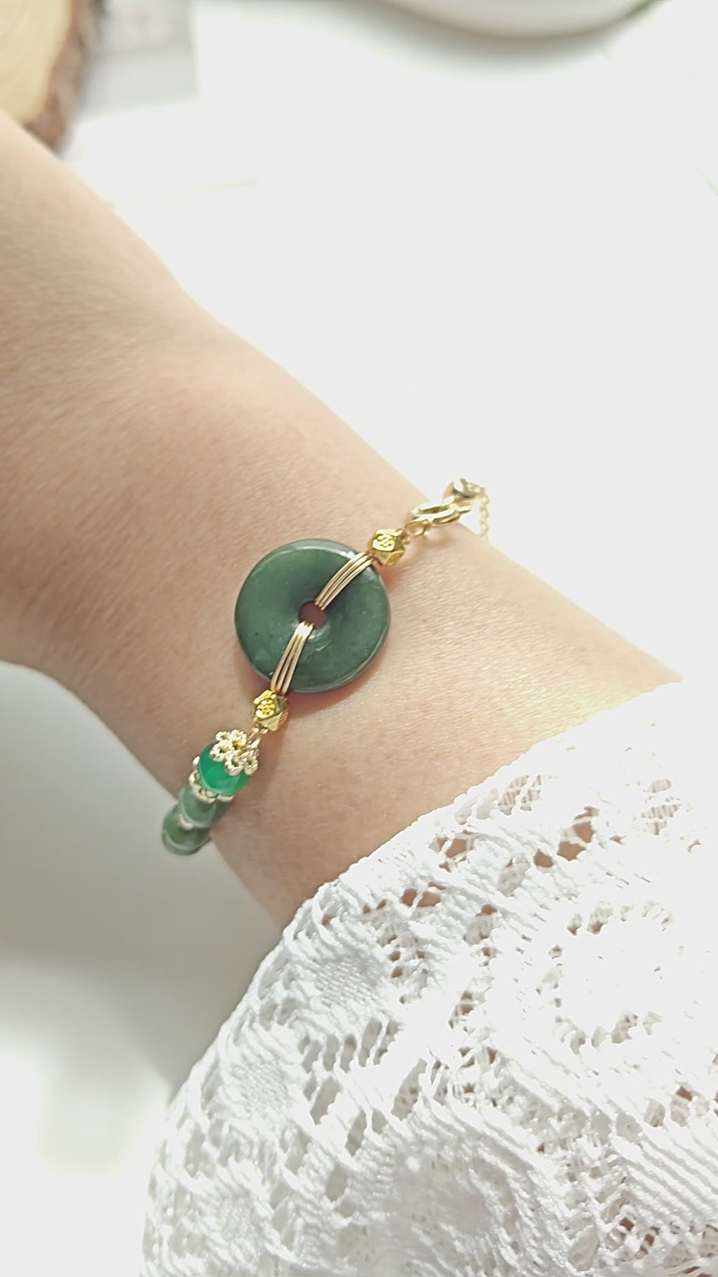 Guatemalan Jadeite Beaded Bracelet with Donut Charm – Adjustable Slider Bracelet