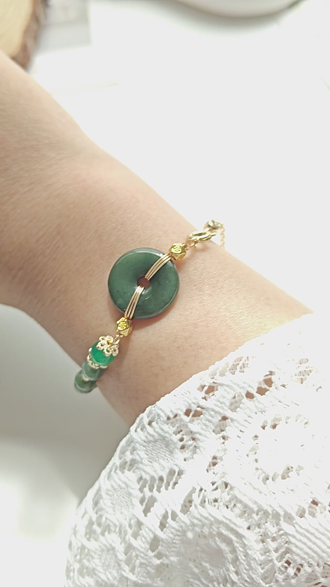 Guatemalan Jadeite Beaded Bracelet with Donut Charm – Adjustable Slider Bracelet