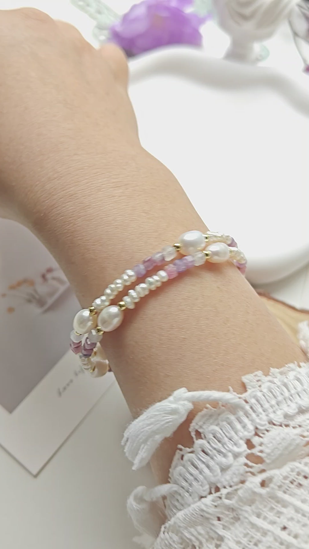 💜 Freshwater Pearl & Amethyst Triple Circle Bracelet | 14K Gold Plated S925 Sterling Silver Memory Wire Bangle