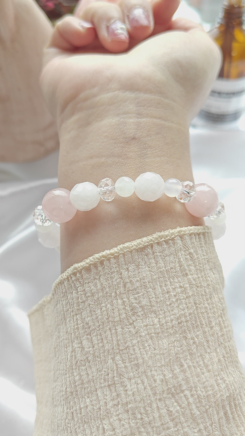 Rose Quartz & Clear Quartz Stretchy Bracelet — Diamond-Cut Shine, Soft Pink Elegance (16 cm / 6.3 in)