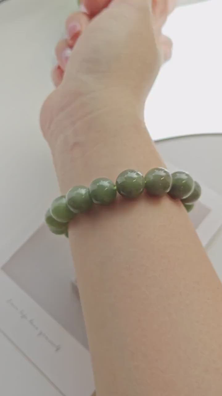 Green Jade Bracelet 12mm | Natural Jade Stretch Bracelet | Handmade Gemstone Jewelry | Good Luck Jade Bracelet Gift