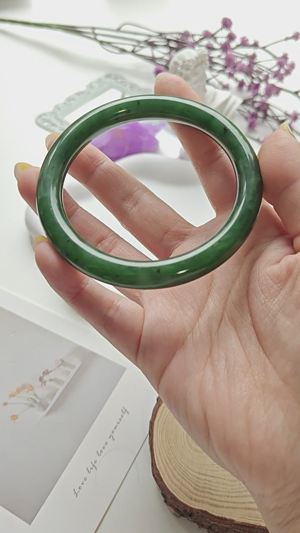 Dark Green Jade Bangle | Natural Jade Bracelet | 60.6mm Handcrafted Jade Jewelry