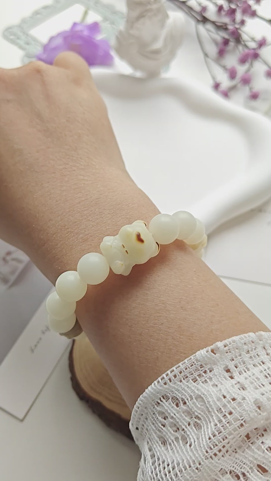 Bodhi Bear Bracelet – Hand-Carved Bodhi Seed Bracelet with Bear & Honey Jar Charms