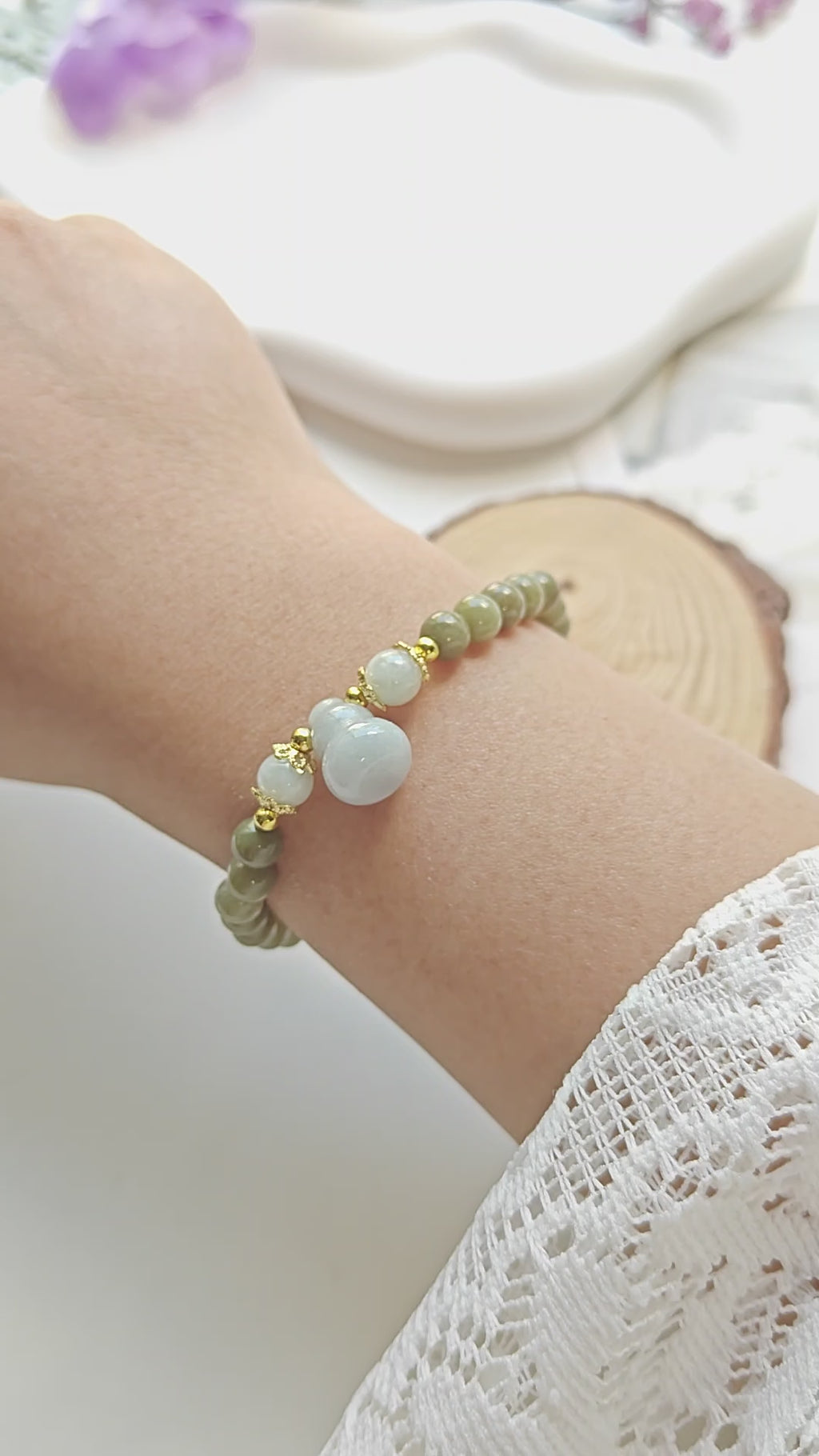 Burmese Jadeite Hulu Bracelet | Natural Jade Stretch Bracelet | 5.9mm Beads Lucky Gourd Charm Jewelry