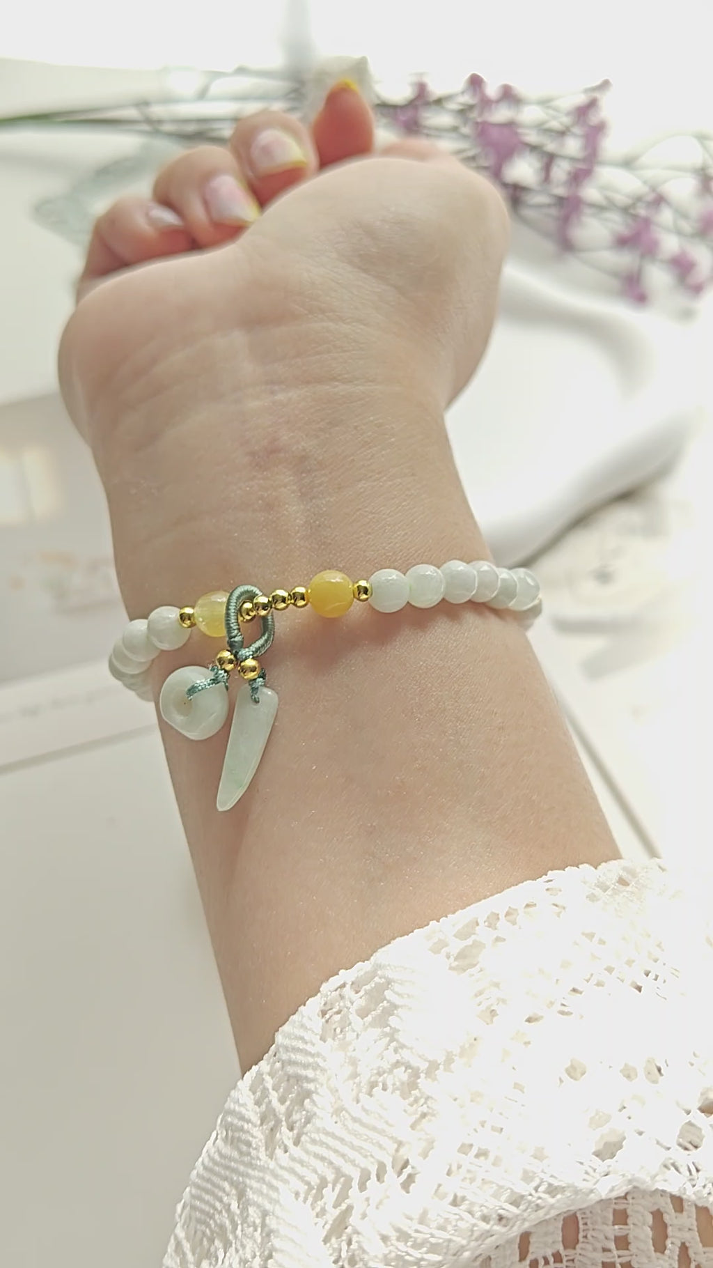 Burmese Jadeite Bracelet | Natural Jade Stretch Bracelet with Hand-Carved Jade Pendants | 14K Gold Plated Accents