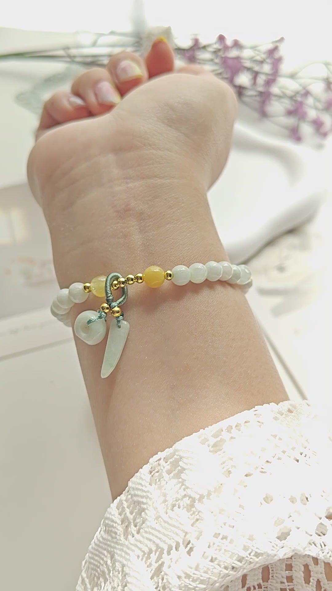 Burmese Jadeite Bracelet | Natural Jade Stretch Bracelet with Hand-Carved Jade Pendants | 14K Gold Plated Accents
